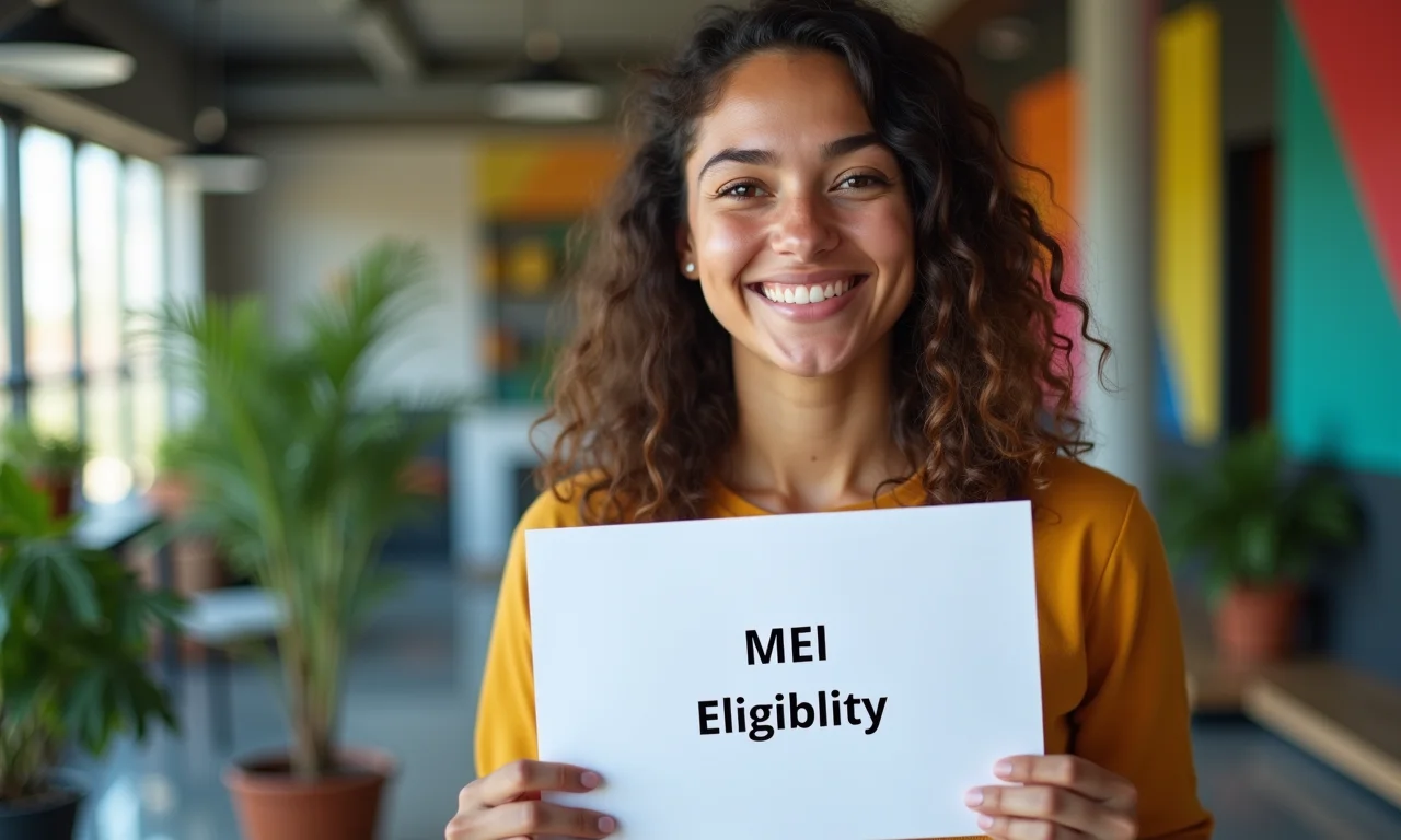 Jovem empreendedora brasileira sorrindo e segurando documento sobre elegibilidade para MEI.