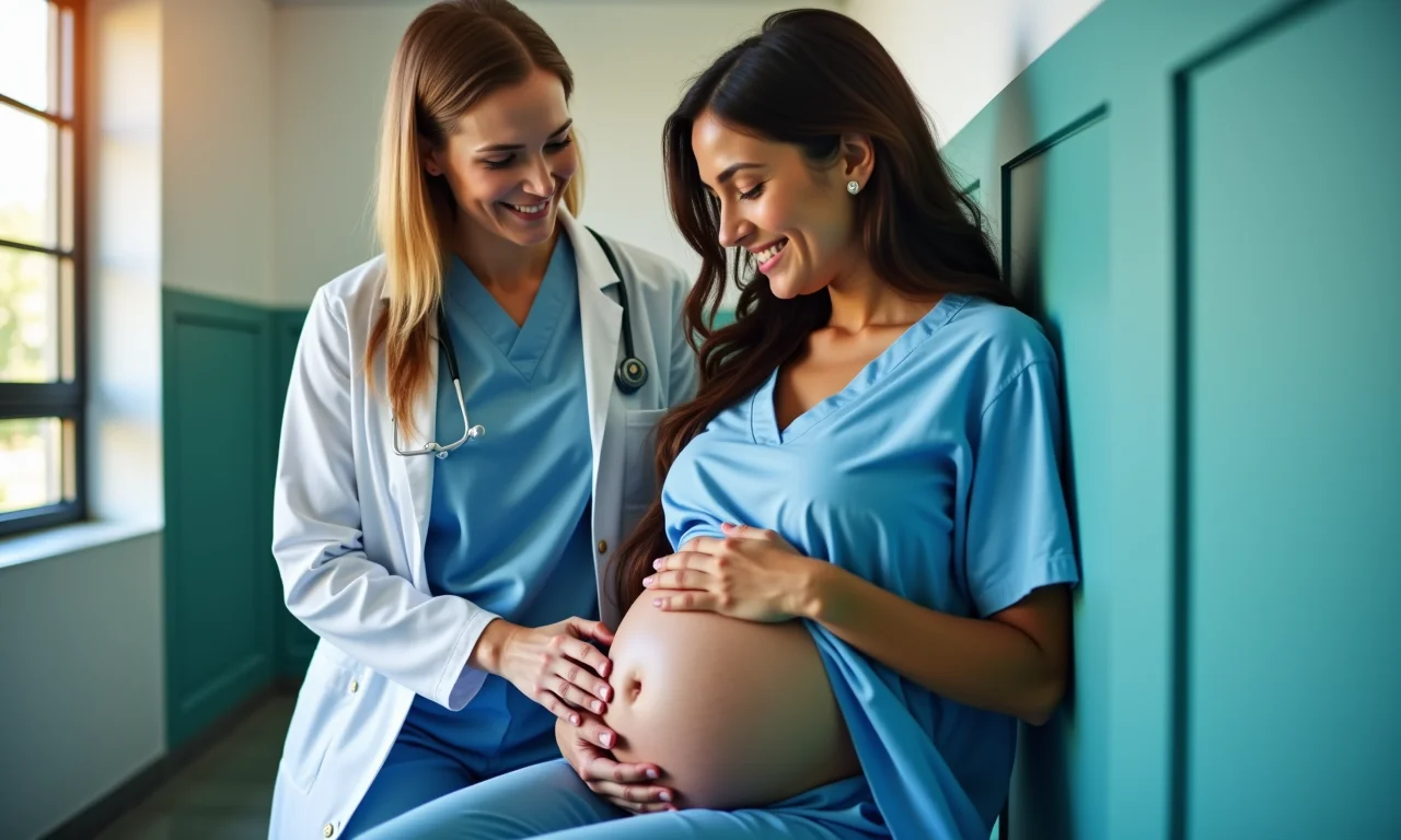 Jovem grávida recebendo atendimento médico gratuito em uma clínica moderna e acolhedora.