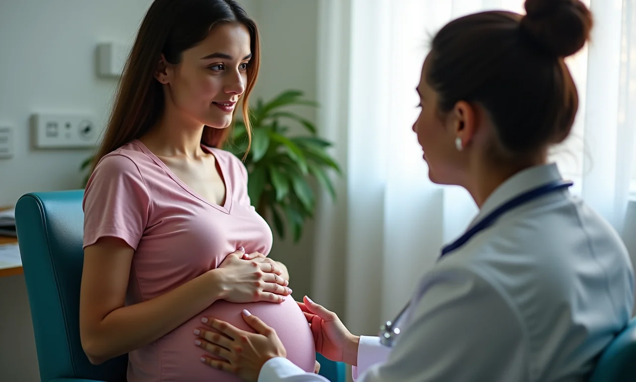 Jovem grávida recebendo atendimento médico pré-natal em clínica brasileira.