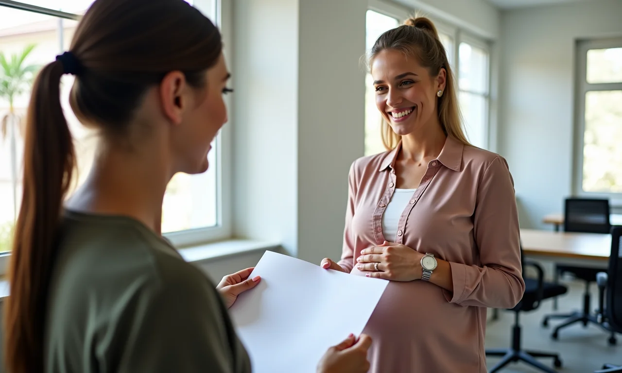 Jovem grávida sorrindo ao receber documentos de licença-maternidade em um escritório.