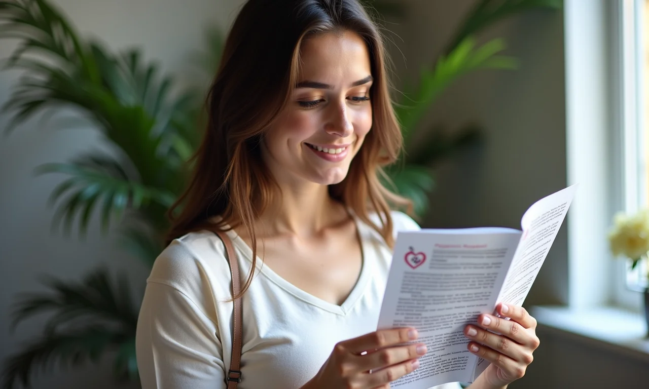 Jovem lendo panfletos informativos sobre direitos na gravidez.