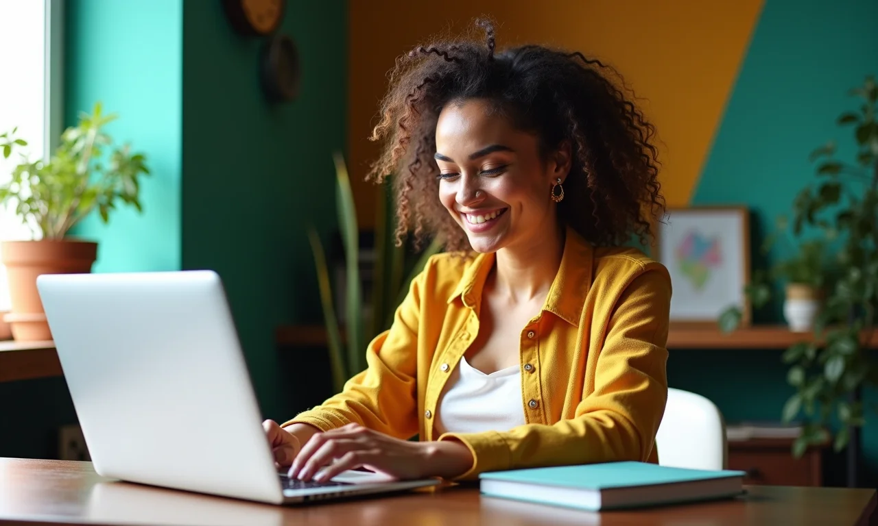 Jovem otimizando conteúdo de blog para SEO em escritório colorido.