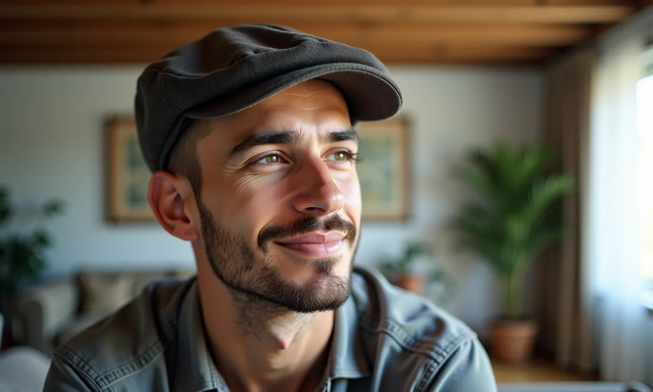 Jovem usando boina newsboy vintage em apartamento moderno.