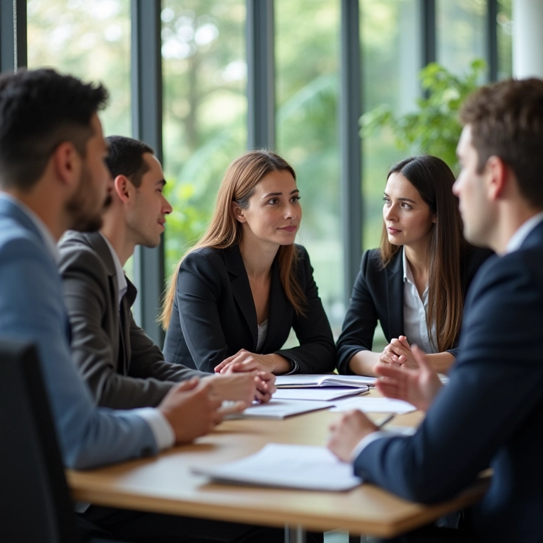 Juíza e profissionais do direito discutindo caso sobre direitos de irmãos em escritório moderno.