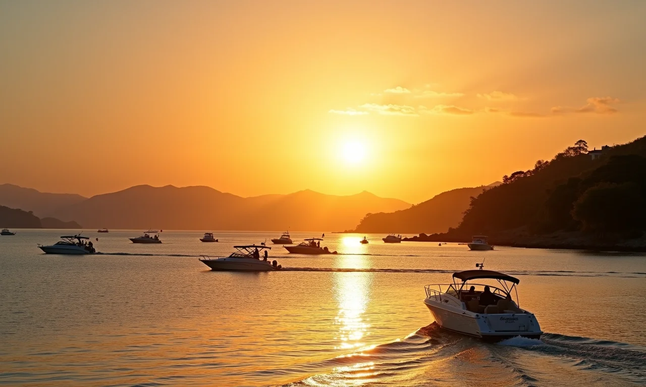 Lago de Palmas com barcos navegando ao pôr do sol, com iluminação quente.