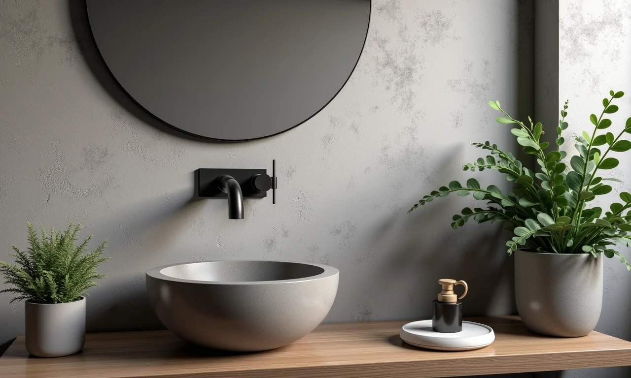 Lavabo moderno com revestimentos texturizados e detalhes em madeira e pedra.