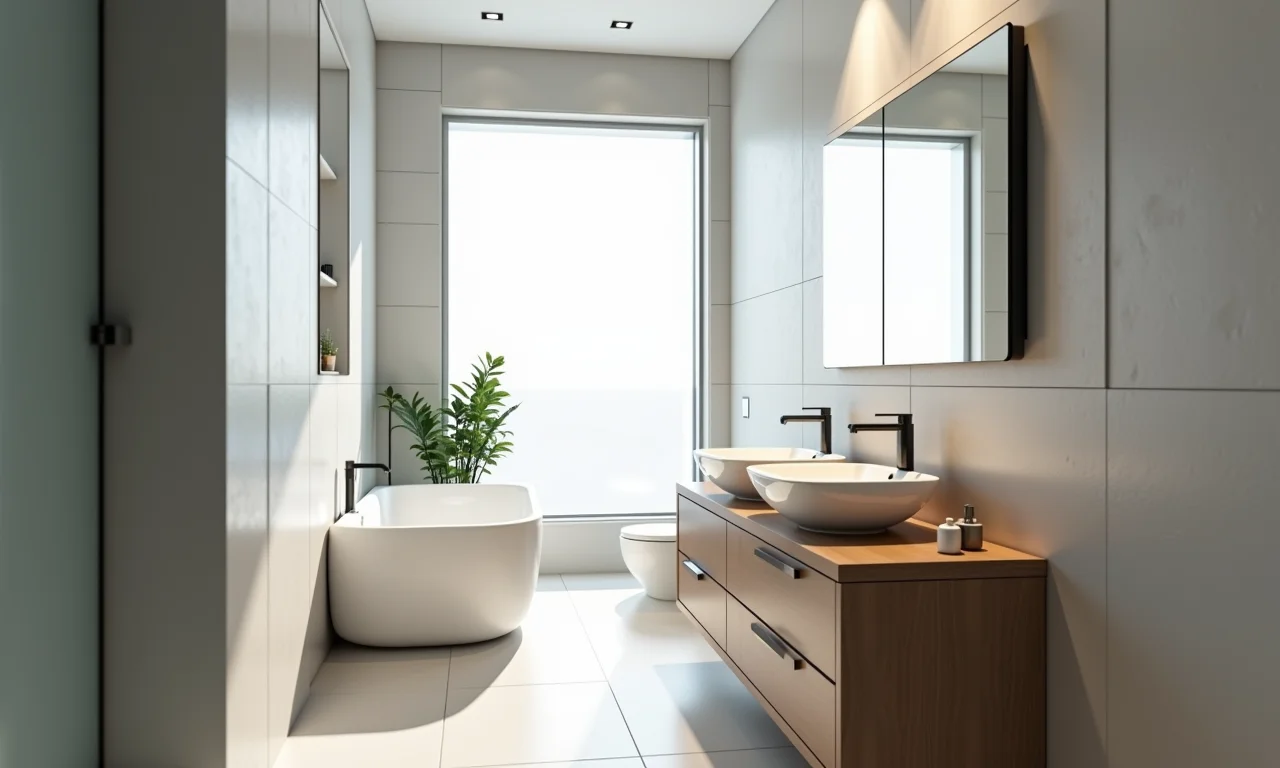 Lavabo pequeno com espelho grande que amplia o espaço e reflete a luz natural.