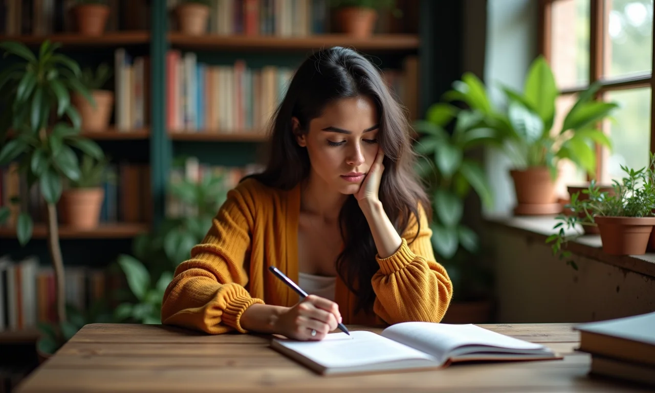 Letrista escrevendo em ambiente aconchegante.