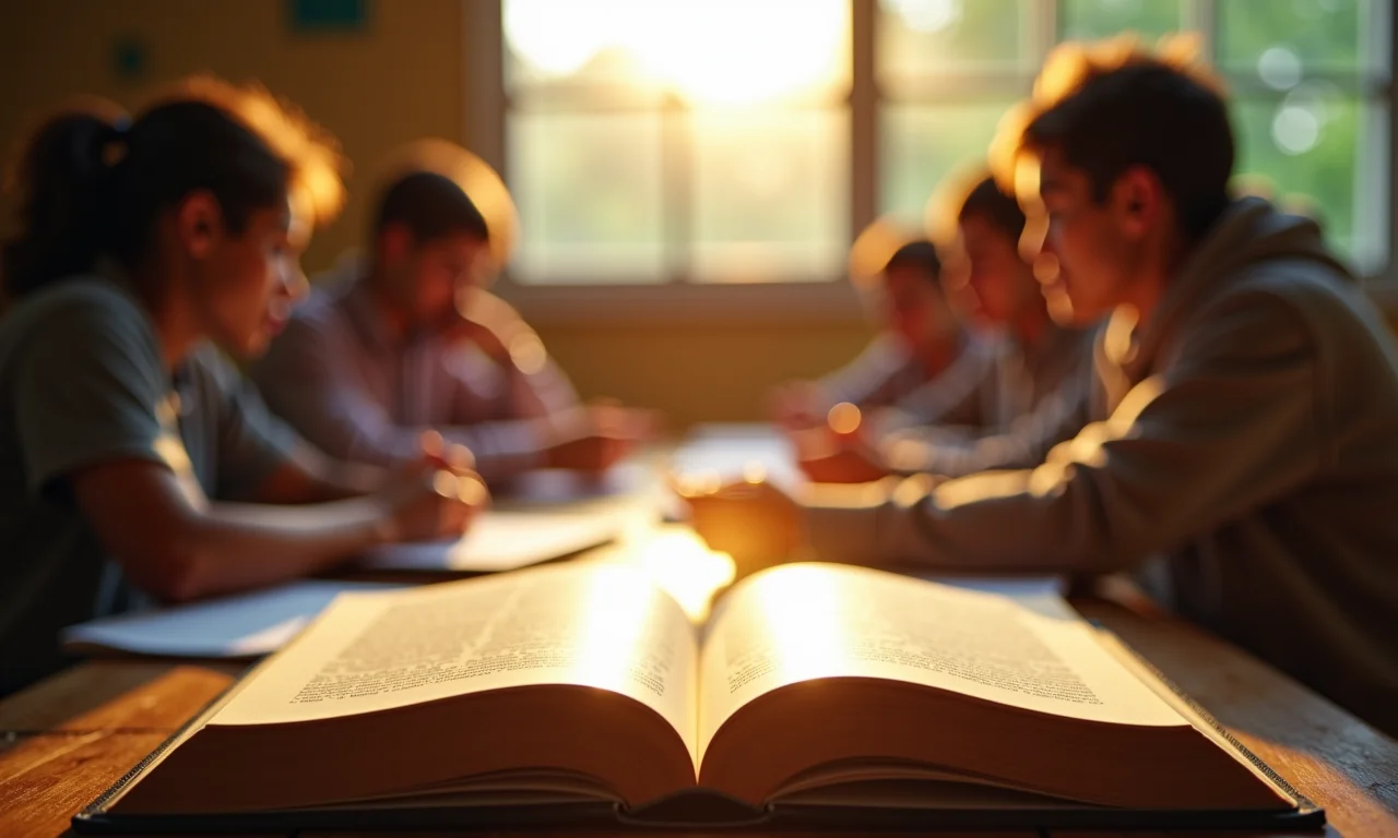 Livro aberto iluminando estudantes diversos, representando o direito à educação.