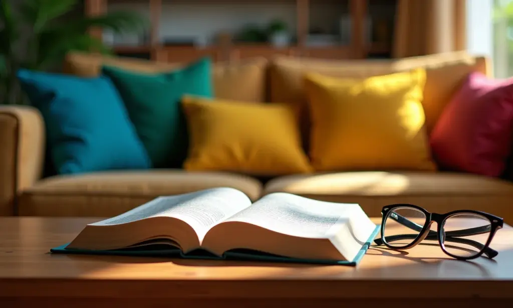 Livro de direito de família aberto em uma mesa com óculos, em um ambiente aconchegante e colorido.