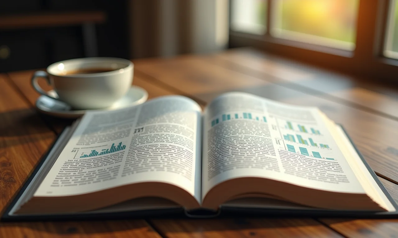 Livros e relatórios financeiros com café brasileiro, representando a análise fundamentalista.