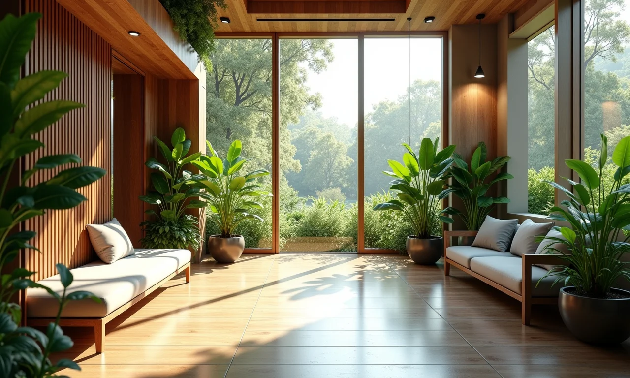 Lobby de hotel eco-friendly com design sustentável e plantas, luz natural.