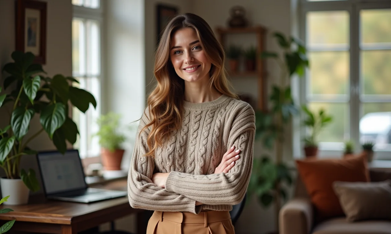 Look confortável com tricô e calça de alfaiataria em home office aconchegante.