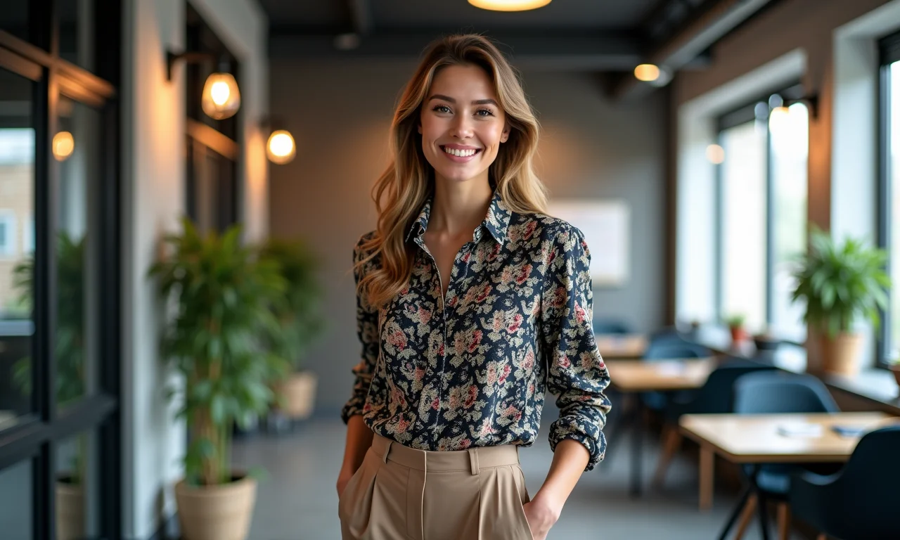 Look estiloso com camisa estampada e calça de alfaiataria em co-working.