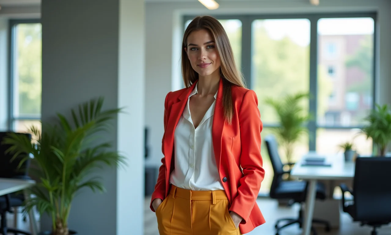 Look moderno com blazer colorido e calça de alfaiataria em escritório contemporâneo.