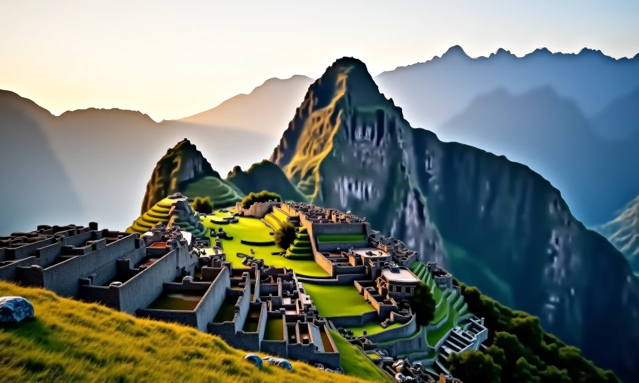 Machu Picchu ao amanhecer, a cidade perdida dos Incas envolta em névoa.