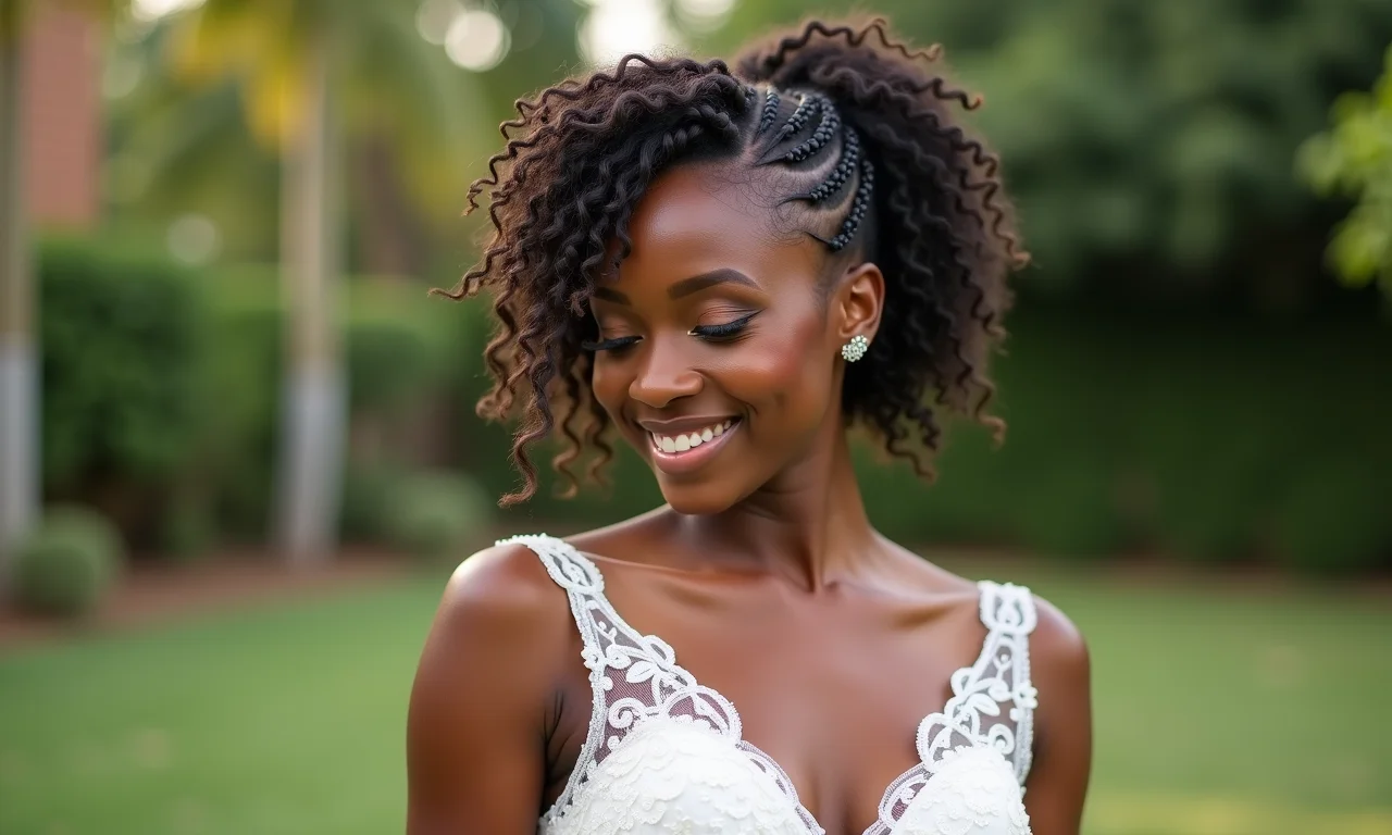 Madrinha afro-brasileira com trança romântica em casamento no jardim.