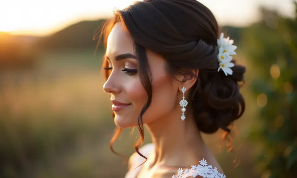 Madrinha de casamento brasileira com penteado elegante e maquiagem natural.