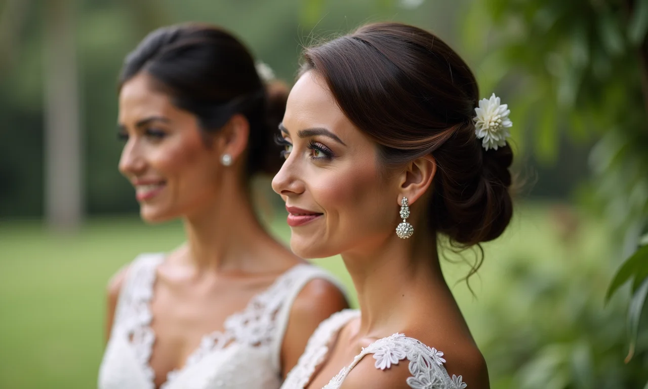 Madrinha elegante com penteado clássico e sofisticado para casamento.