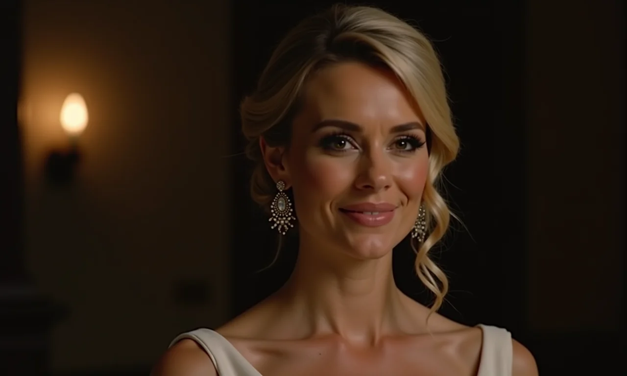 Madrinha madura com rabo de cavalo elegante e brincos marcantes.