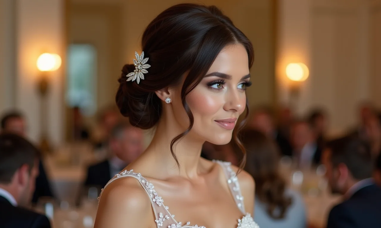 Madrinha morena com coque clássico e grampo de cabelo de diamante.