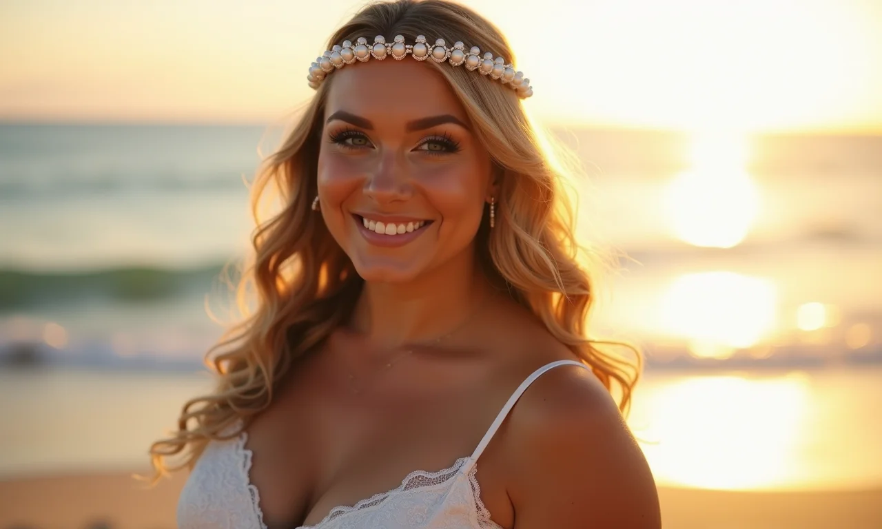 Madrinha plus size com ondas soltas e tiara de pérolas em casamento na praia.
