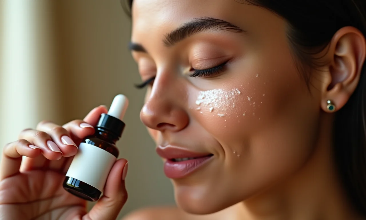 Mão aplicando sérum no rosto com pele diversa e frasco de sérum ao fundo.