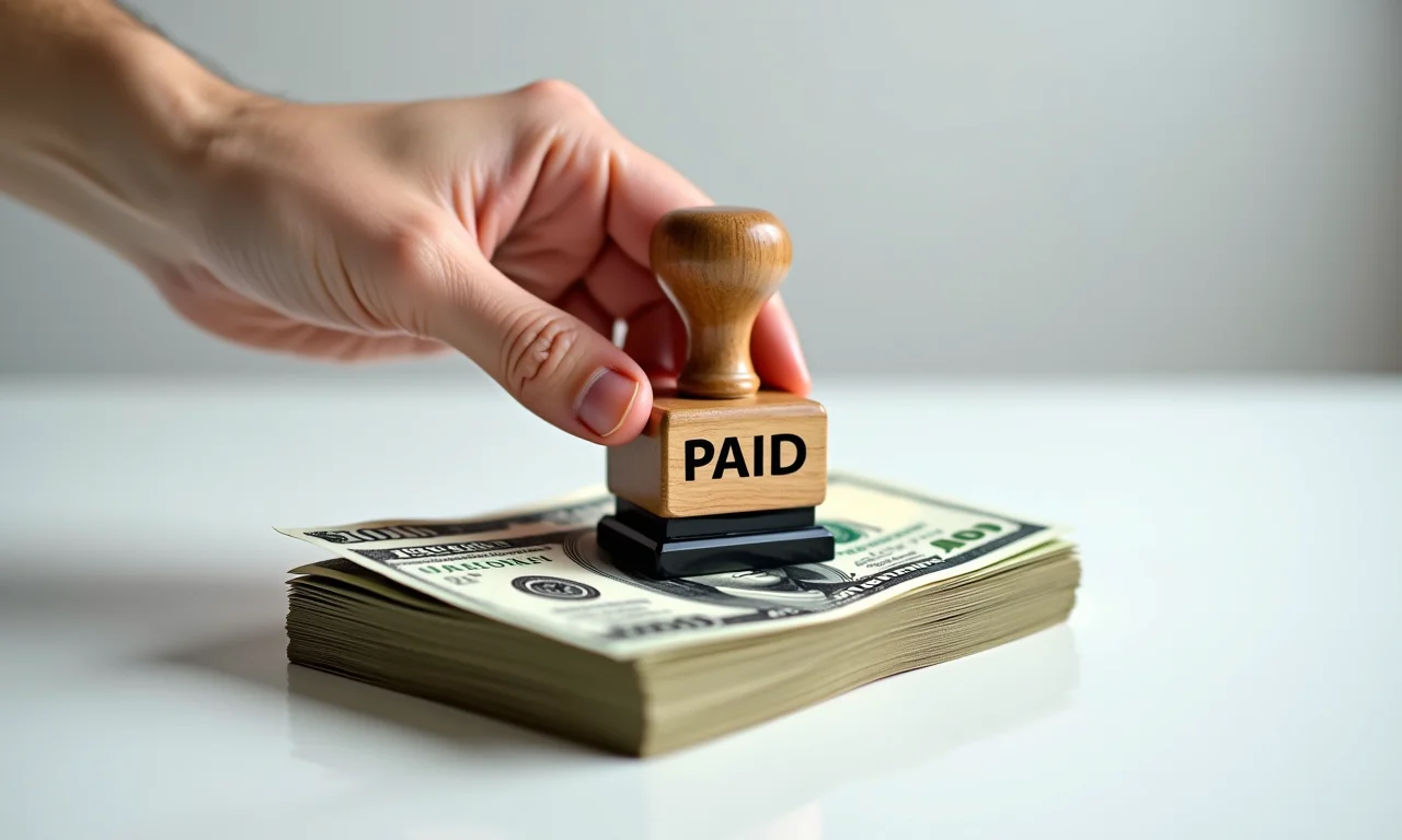 Mão carimbando 'PAGO' em uma pilha de contas, simbolizando a quitação de dívidas.