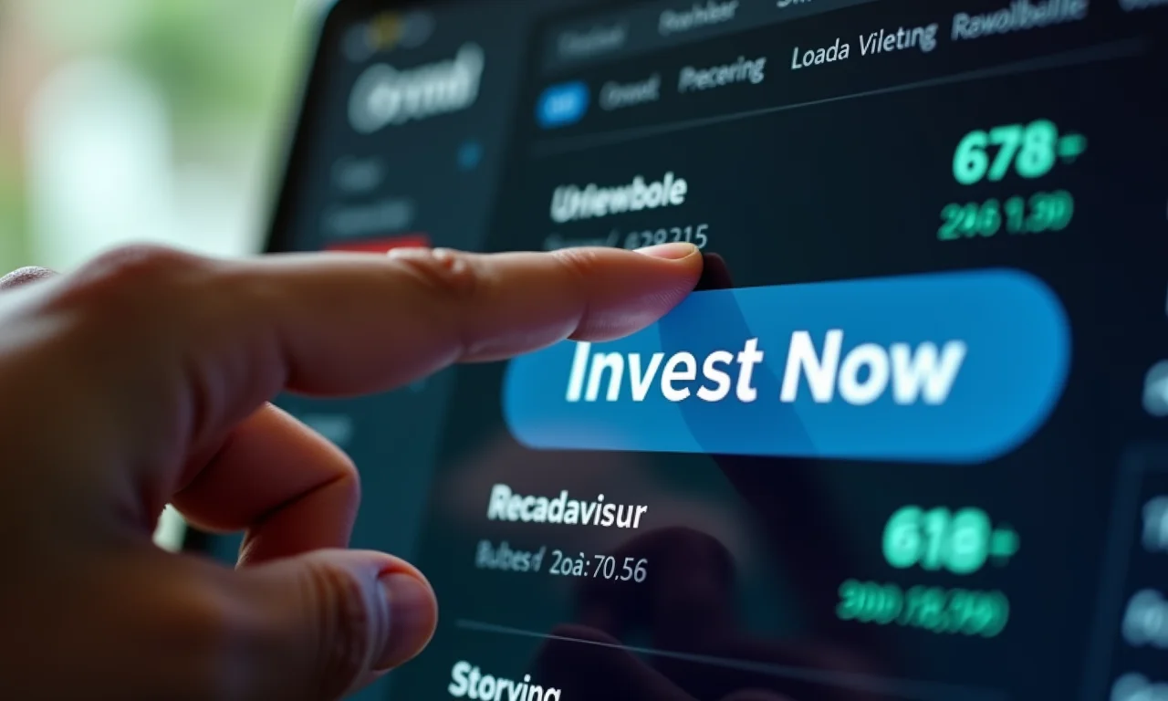 Mão clicando em 'Investir Agora' em plataforma de investimentos internacionais.