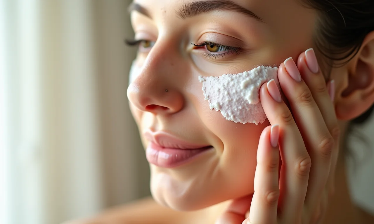 Mão de mulher esfoliando suavemente o rosto com um scrub.