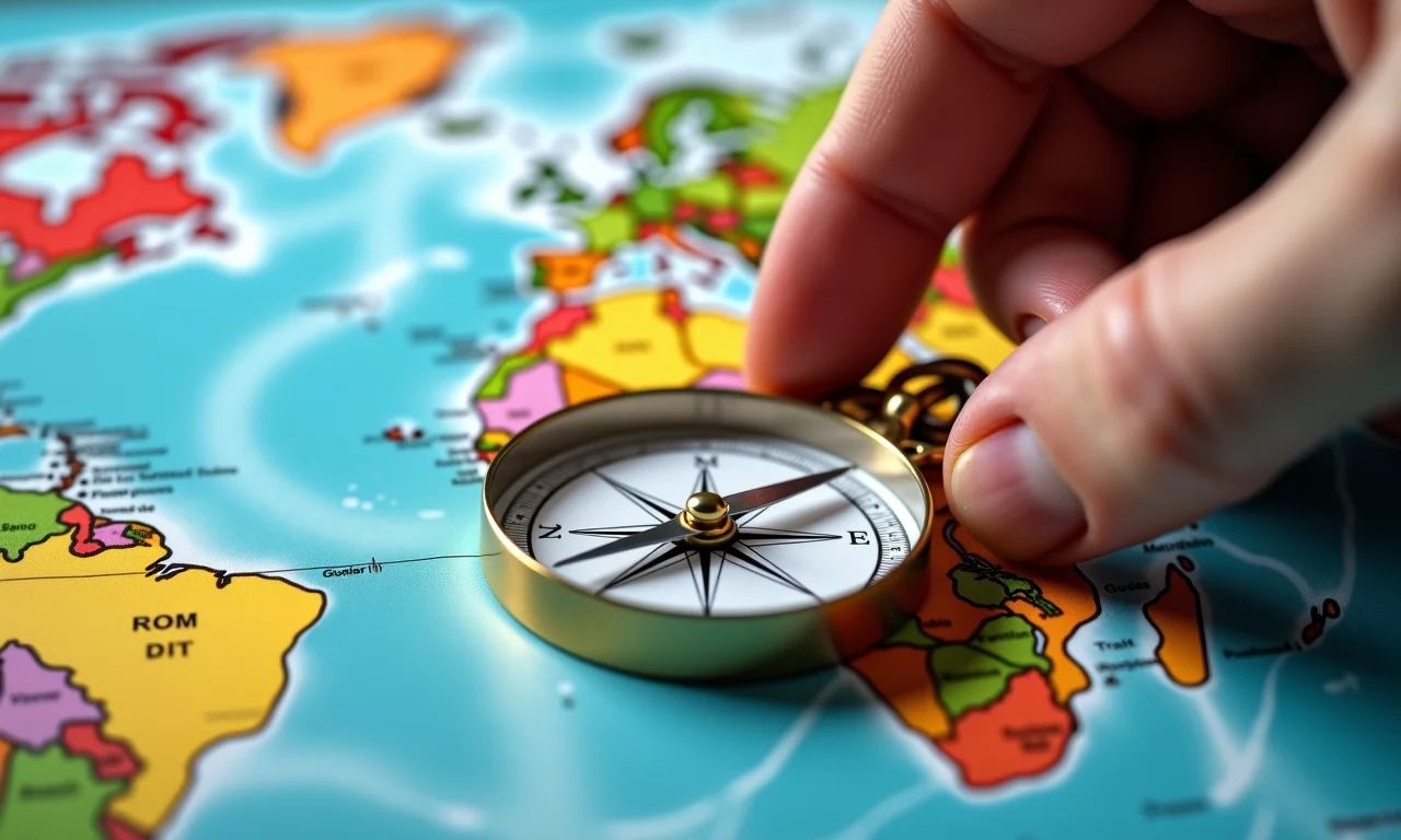 Mão segurando bússola apontando para objetivos de investimento em mapa com a bandeira do Brasil.