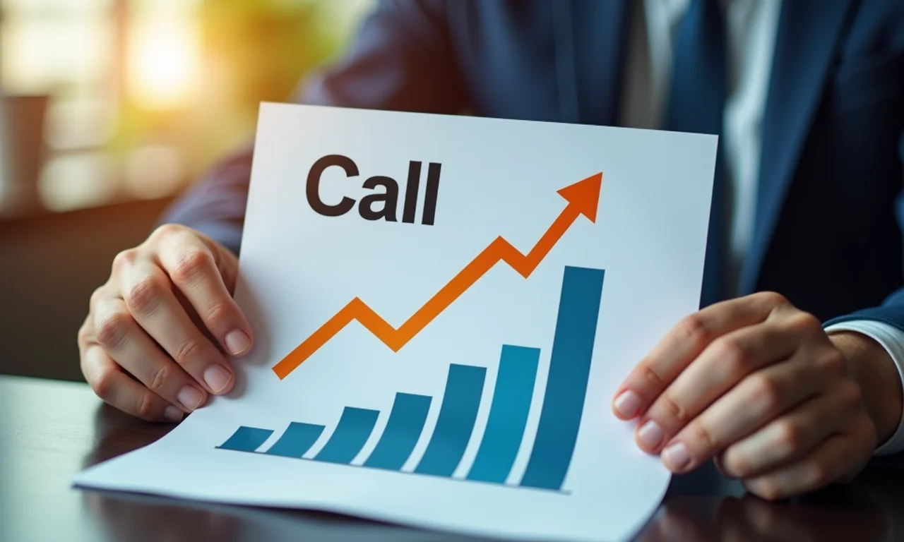 Mão segurando documento de opção de compra (Call) com gráfico ascendente.