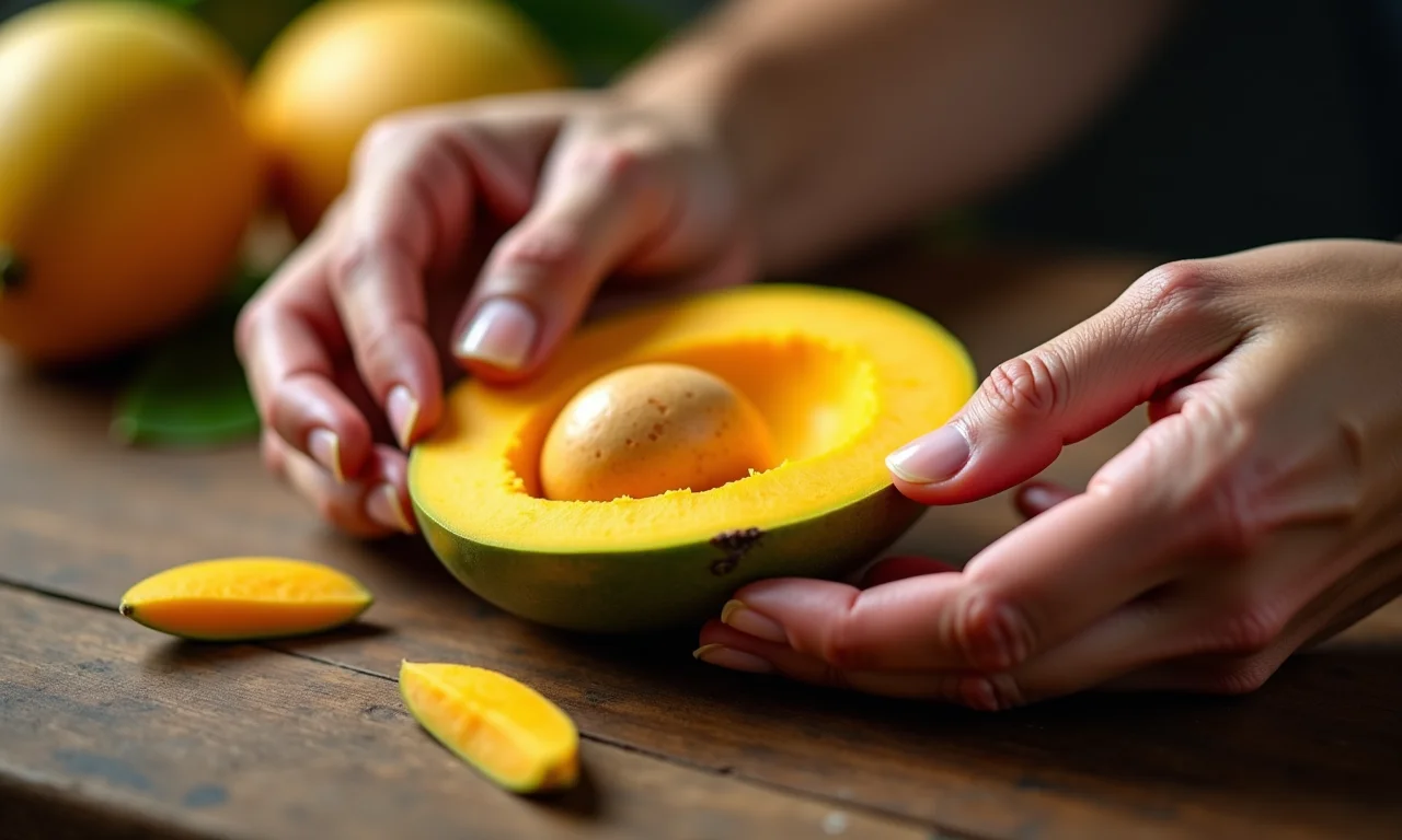 Mãos abrem caroço de manga com cuidado.
