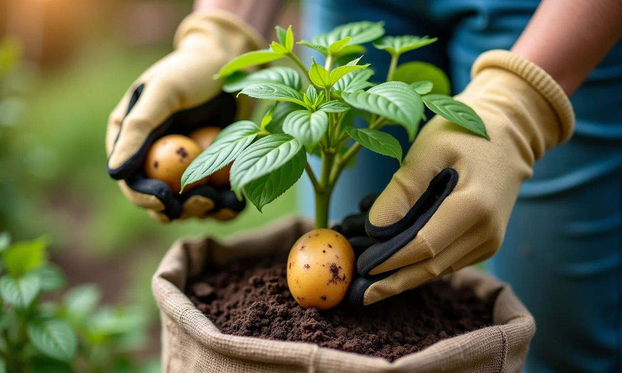 Mãos adubando e regando batata plantada em saco.