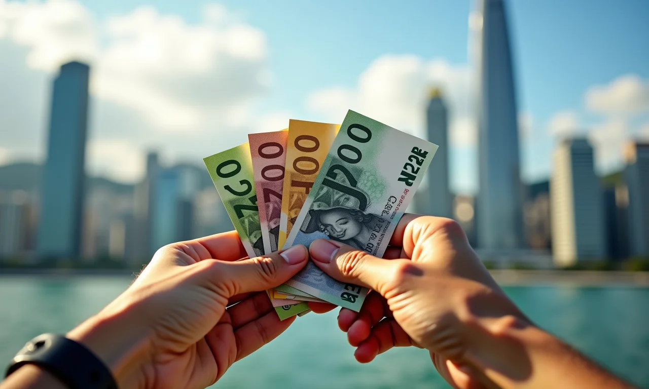 Mãos brasileiras segurando moedas estrangeiras, simbolizando investimentos globais.