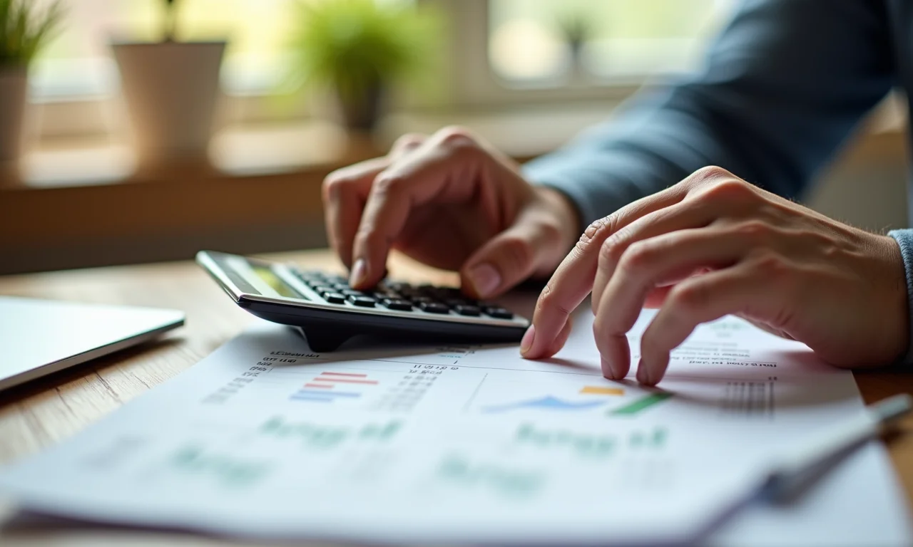 Mãos calculando finanças e revisando documentos em uma mesa com estilo brasileiro vibrante.