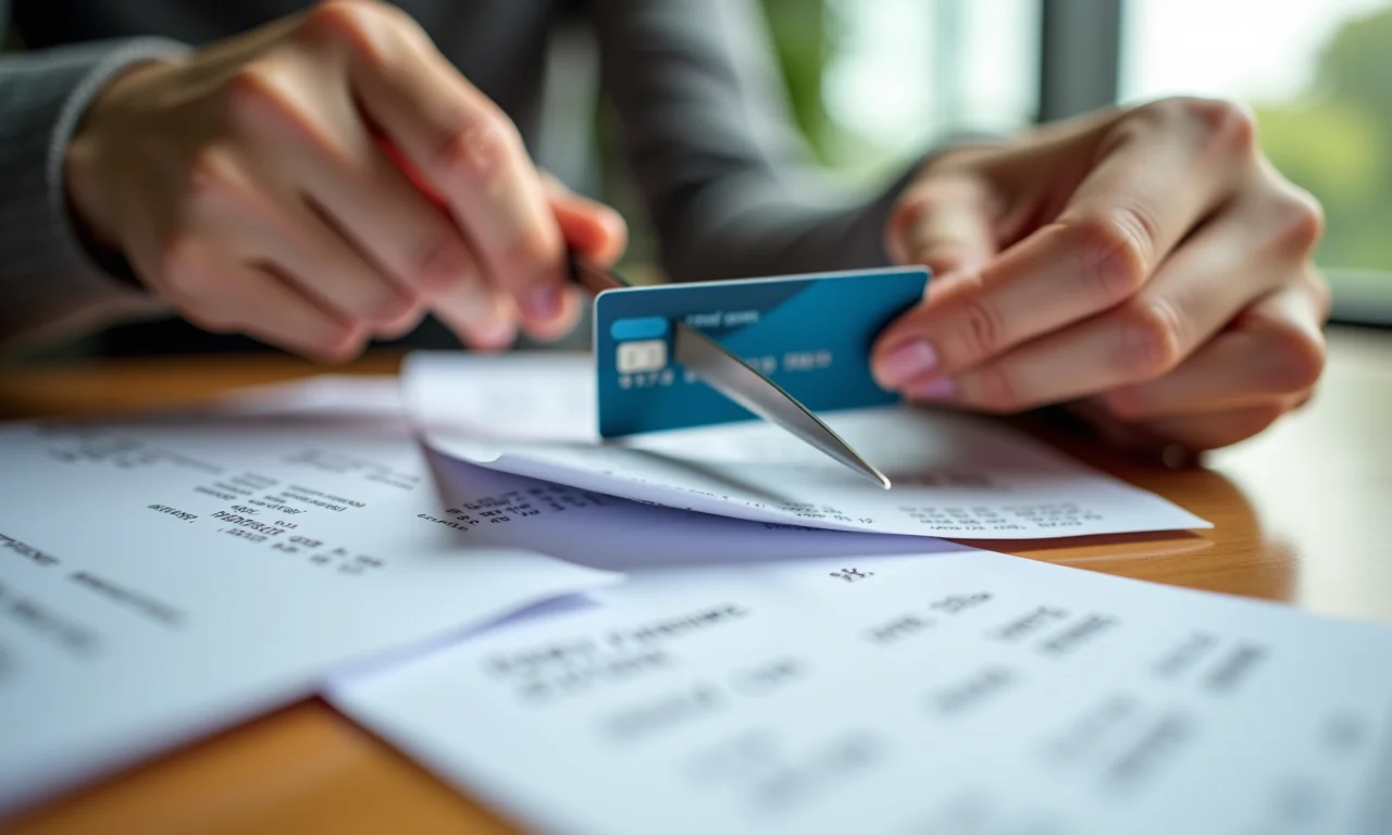 Mãos cortando um cartão de crédito com uma tesoura, rodeado por recibos, em um apartamento iluminado.
