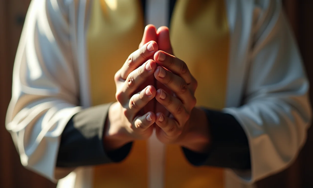 Mãos de um diácono abençoando, em close-up.