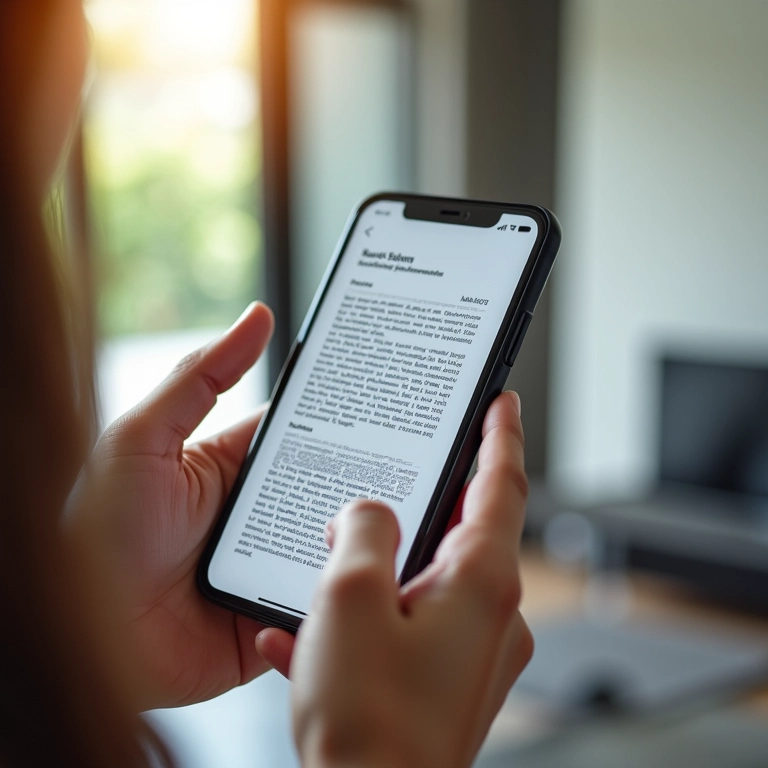 Mãos digitalizando contrato de aluguel com aplicativo no celular.