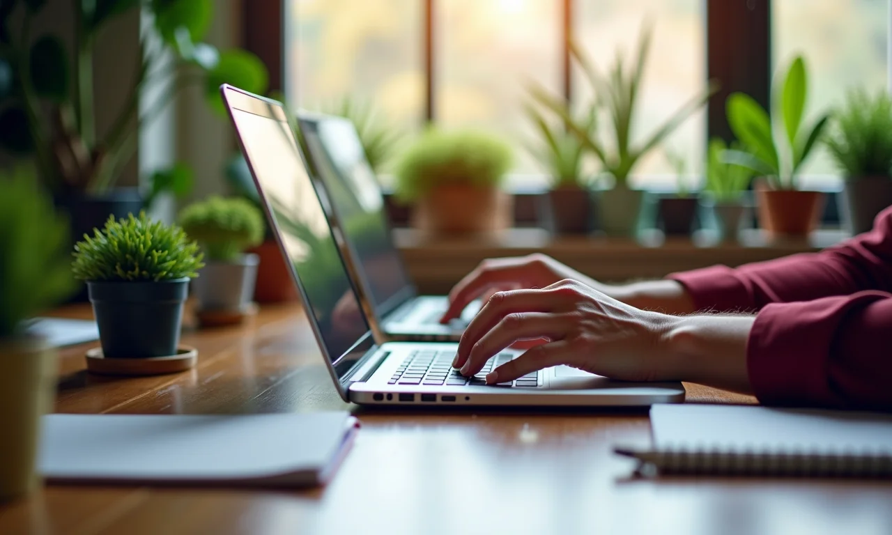 Mãos digitando em laptop em espaço de coworking.