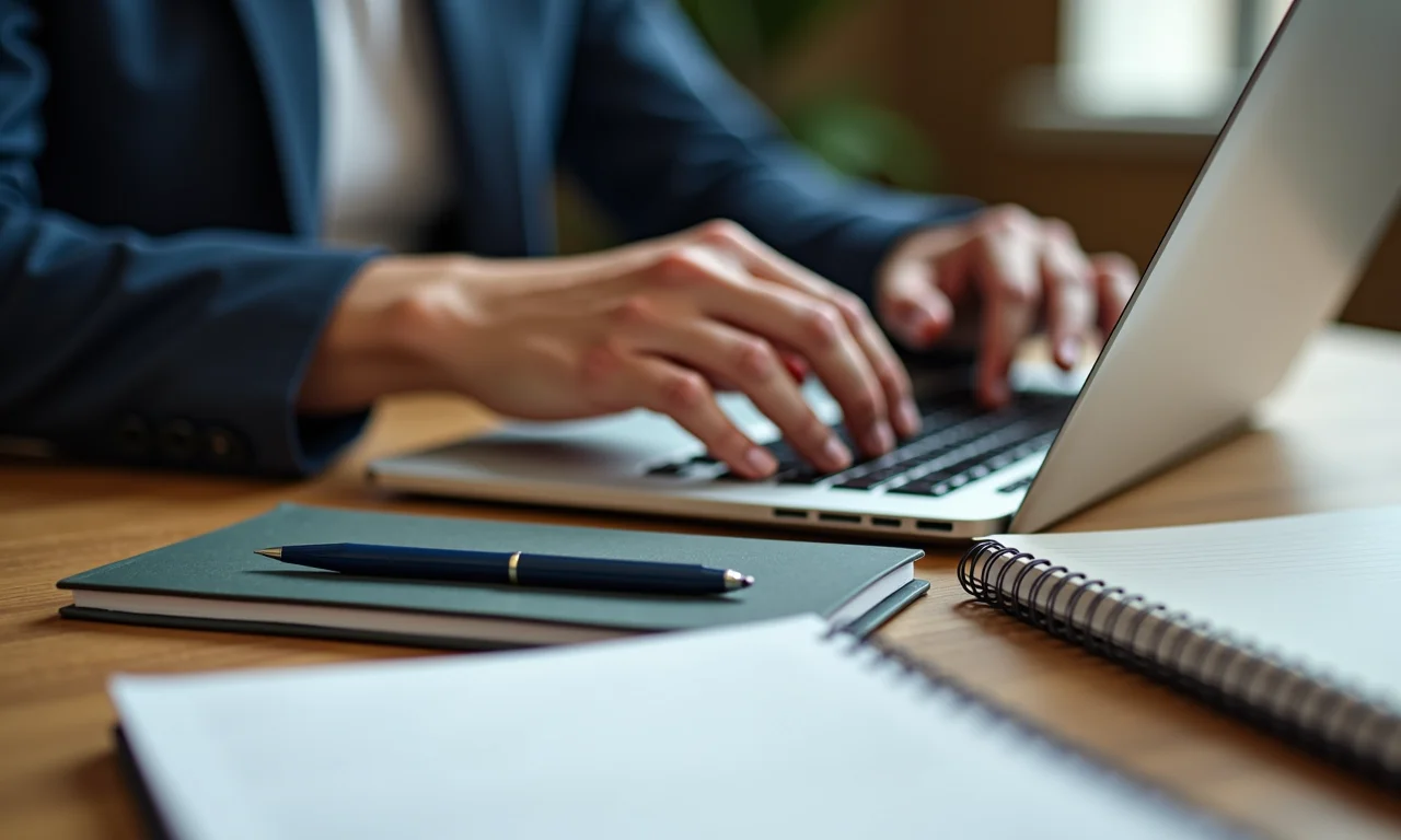 Mãos digitando em um laptop cercado por cadernos e canetas, representando a redação freelancer.