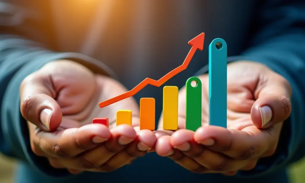 Valor Intrínseco: Como Calcular o Preço Justo de uma Ação Mãos diversas segurando gráficos de ações com tendência de alta, representando valor intrínseco.