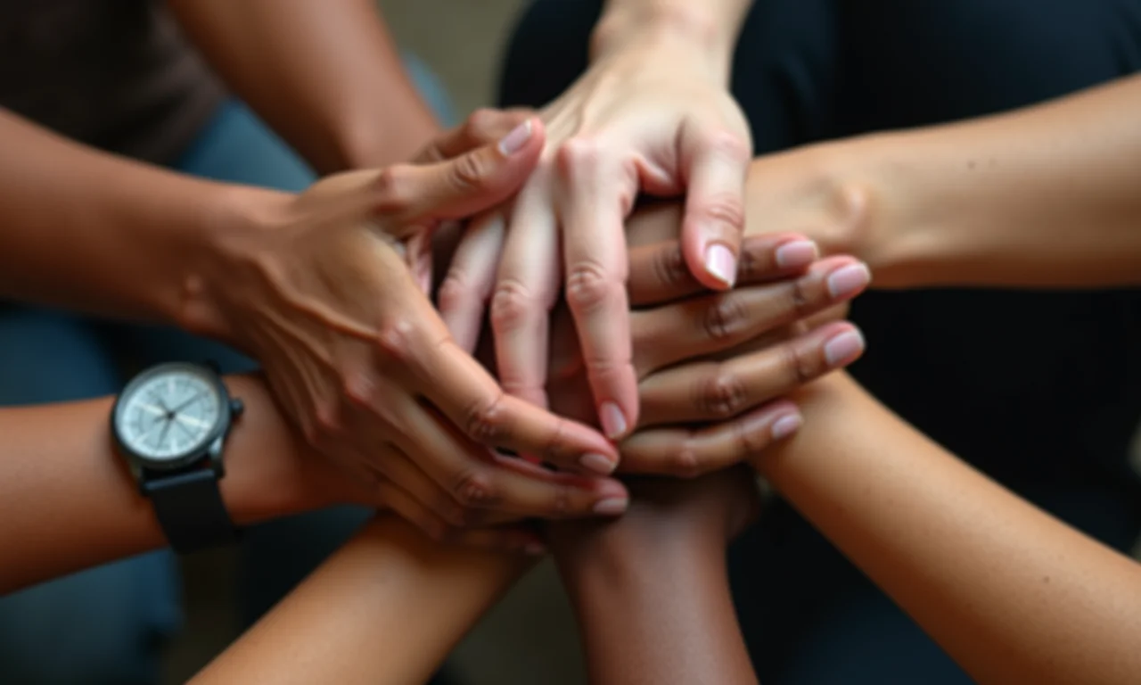 Mãos entrelaçadas com diferentes tons de pele, simbolizando o impacto do coletivo no individual.