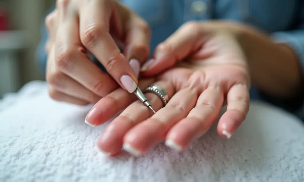 Fortalecer as Unhas Pós Gel: 5 Passos Essenciais Mãos femininas recebendo tratamento de manicure para unhas danificadas, com foco nos cuidados com as cutículas.