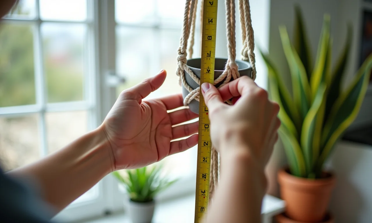 Mãos medindo barbante para macramê, calculando o tamanho ideal para um suporte de planta DIY.