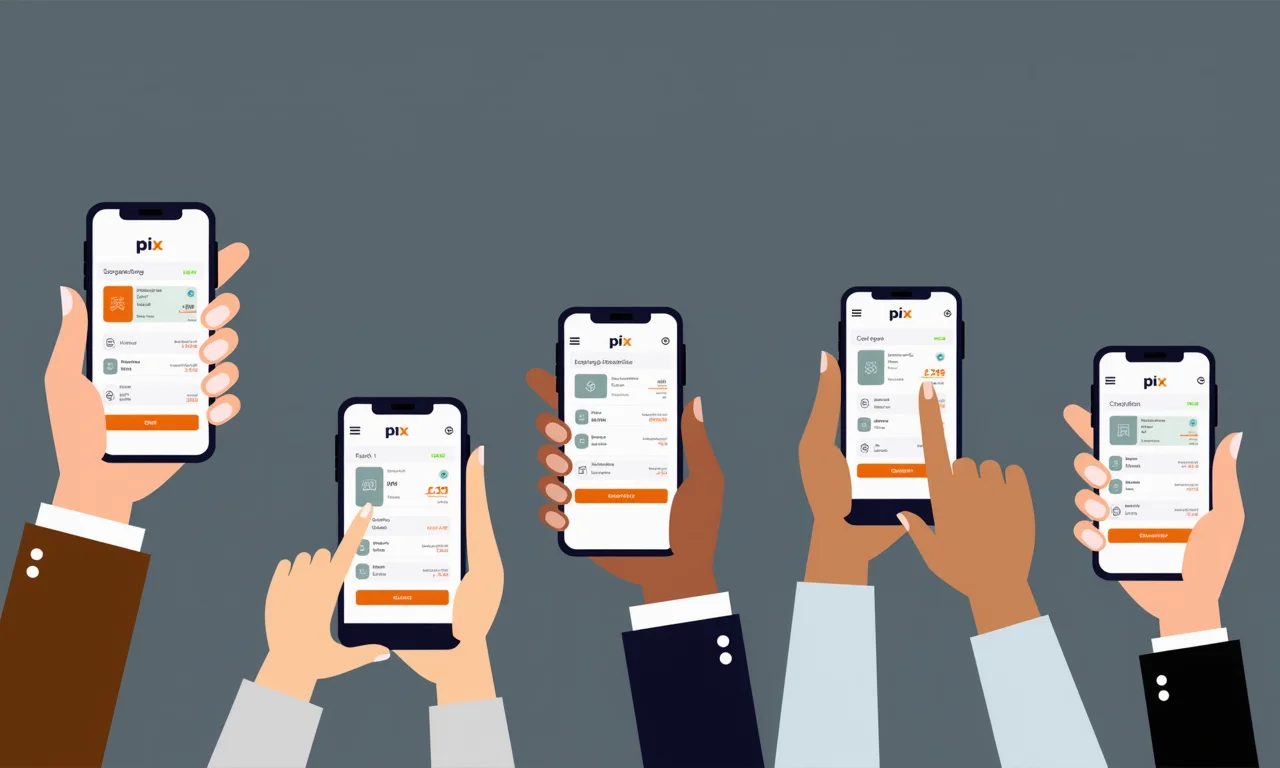 Mãos mostram múltiplas transações PIX de várias fontes.