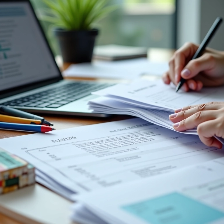 Mãos organizando documentos e materiais escolares em uma mesa.