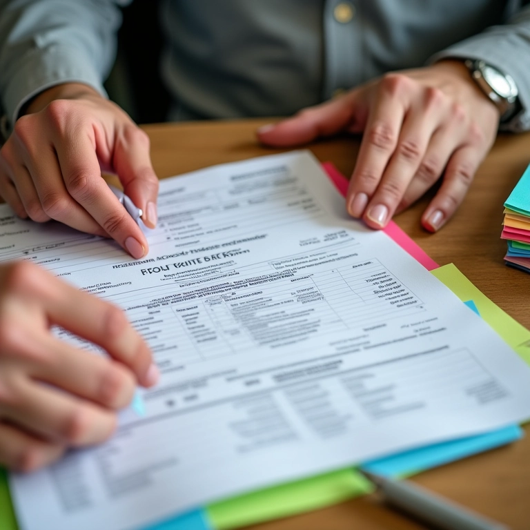 Mãos organizando recibos e contratos de aluguel com notas adesivas.