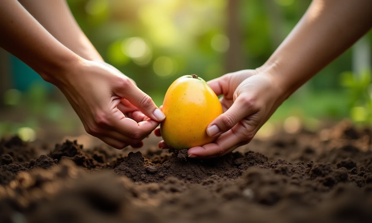 Mãos plantando caroço de manga direto no solo.