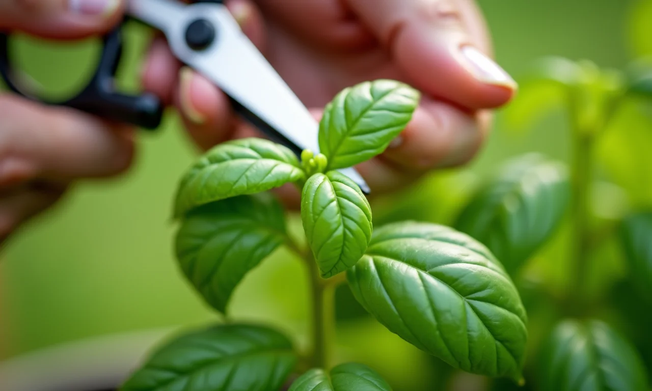 Mãos podando manjericão corretamente acima de um nó foliar com tesoura.